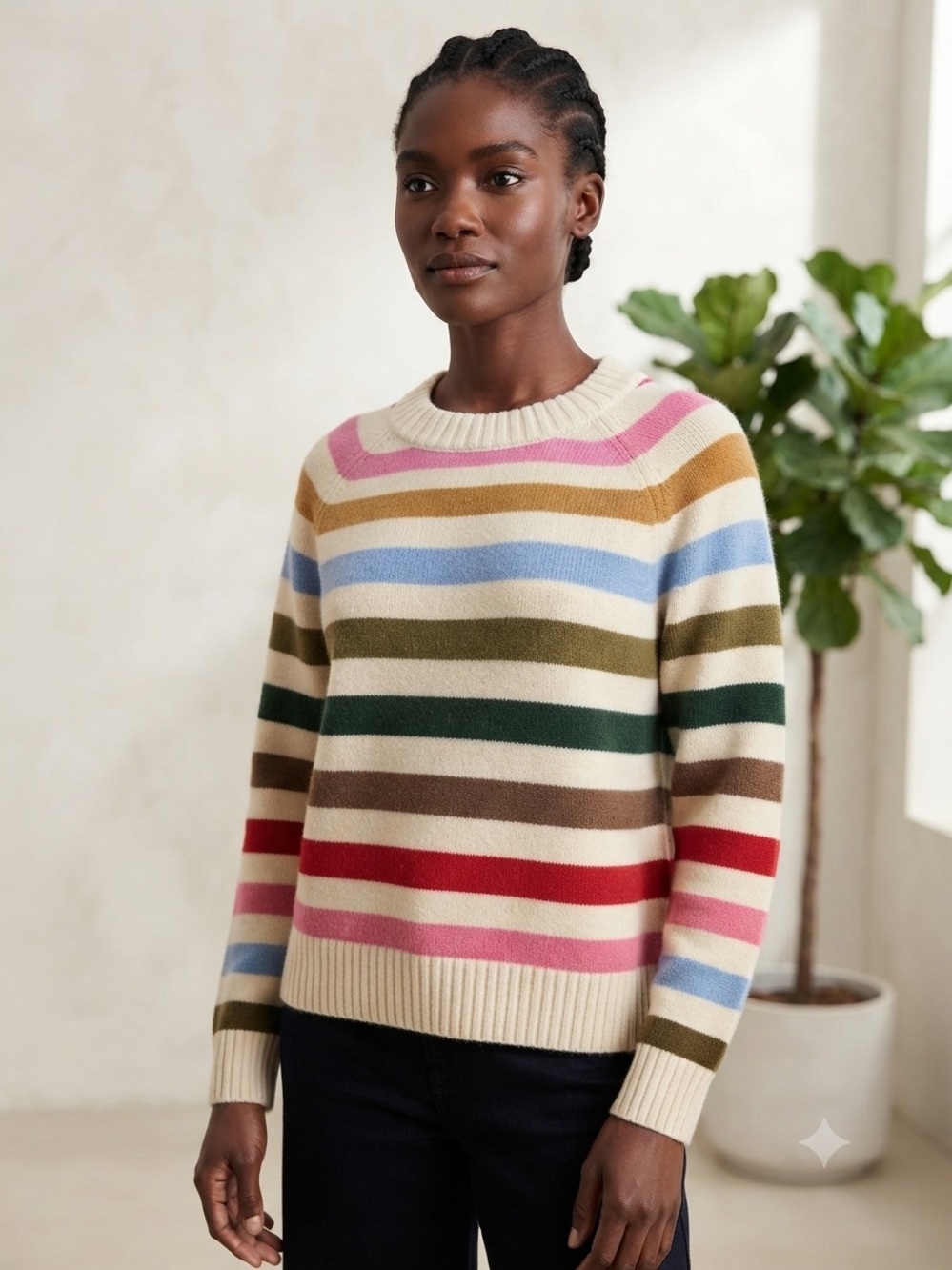 GAP Cream Crewneck Sweater with Multicolor Stripes Preppy